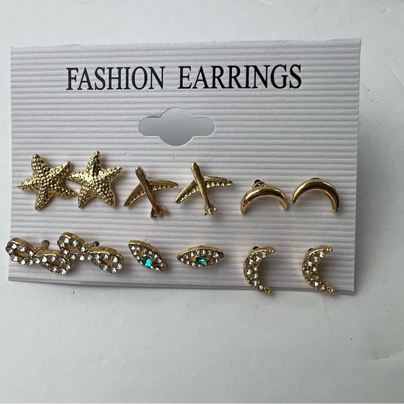 Gold & Rhinestone Starfish Planes Moon Infinity Evil Eye Stud Fashion Earrings - Picture 4 of 5
